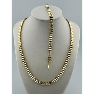 Vintage Gold Tone Geometric Ribbed Link Necklace and Bracelet Jewelry Set